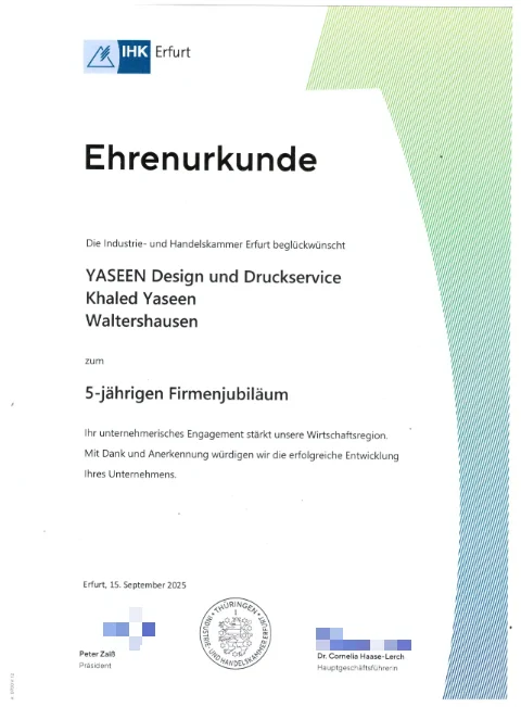 Ehrenurkunde der IHK Erfurt