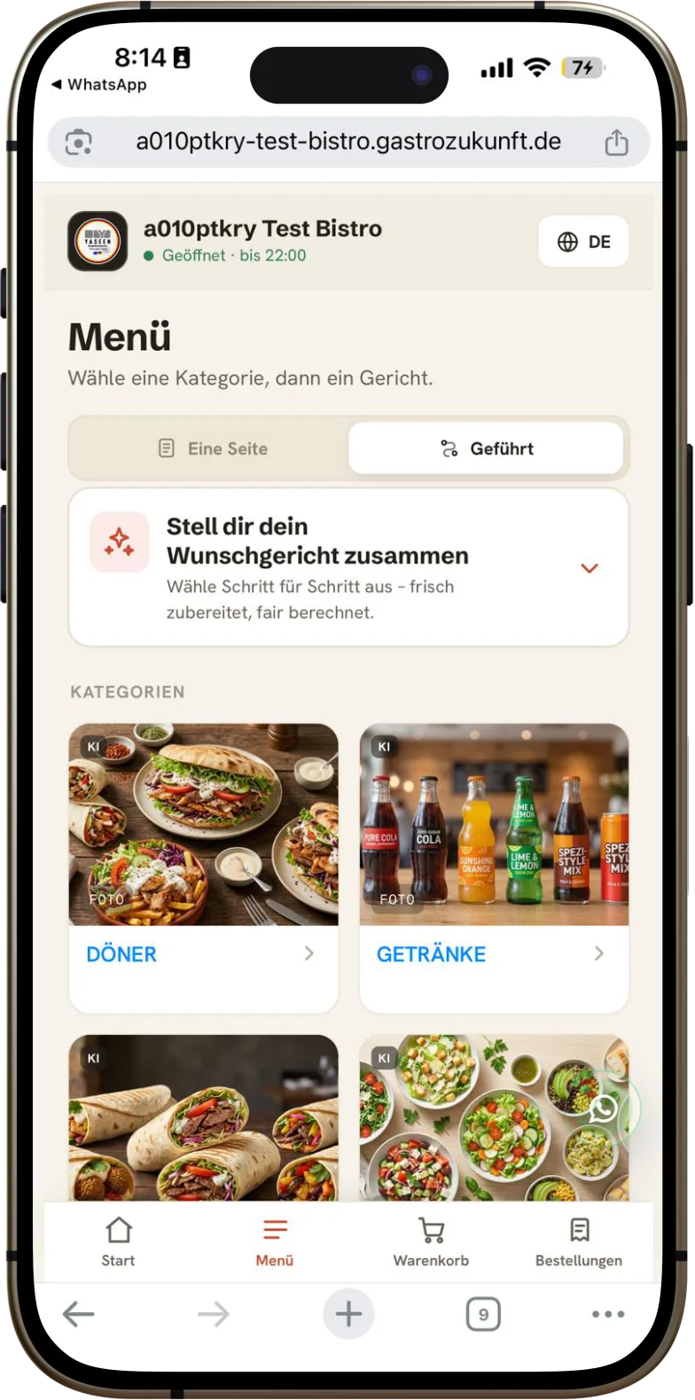Bestellseite eines Restaurants auf dem Smartphone