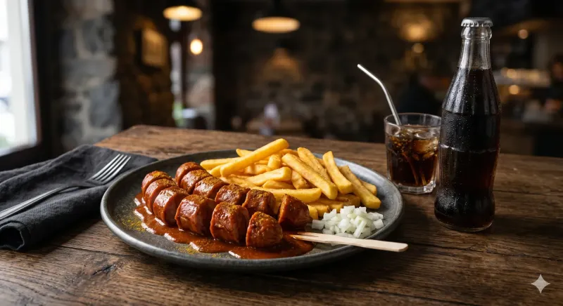 Currywurst mit Pommes und Cola 0 33 l