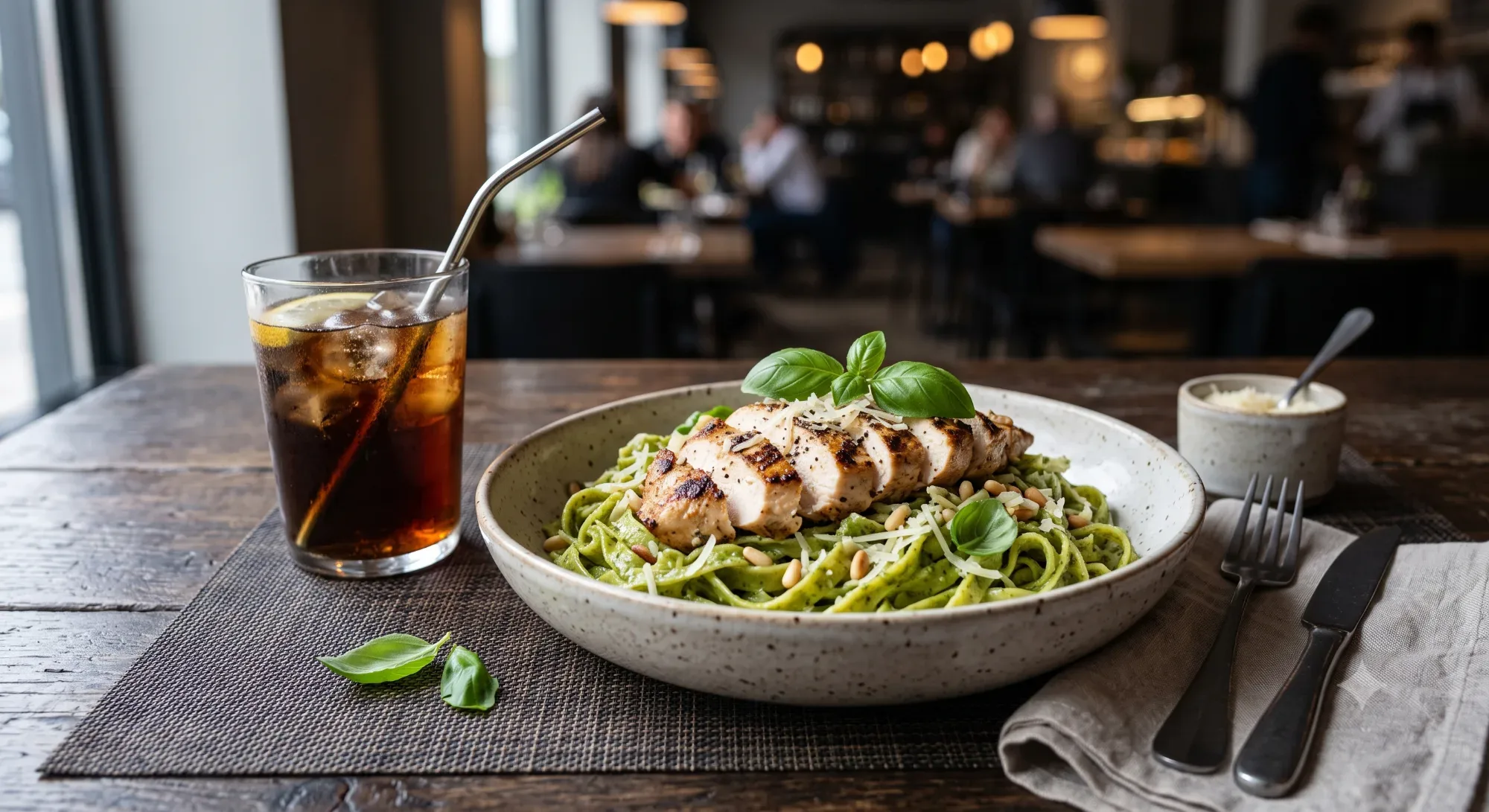 Chicken Pesto Pasta und Getränk